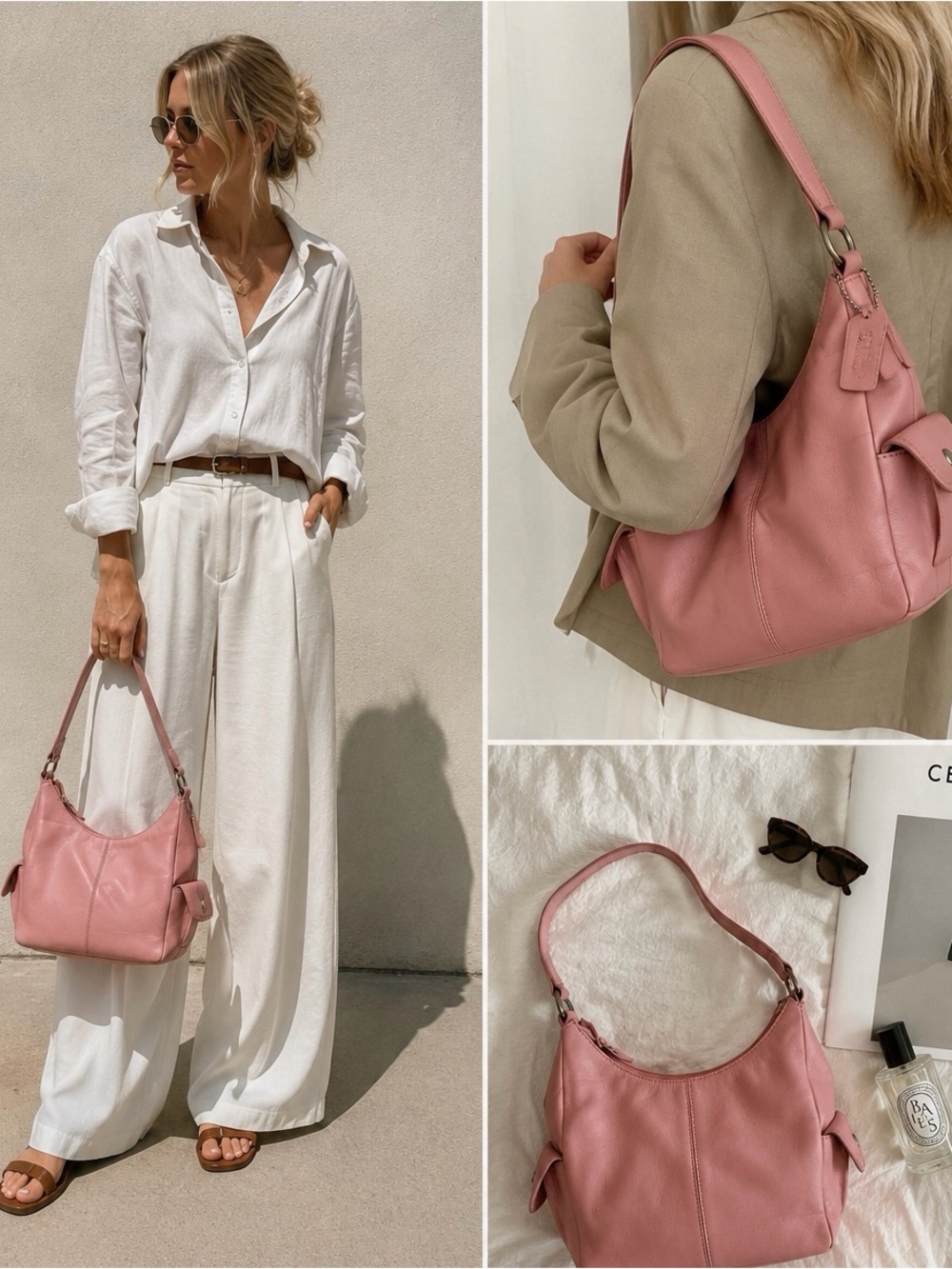 Y2K Genuine Leather Pink Shoulder Bag Soft Hobo Purse Pocket Detail